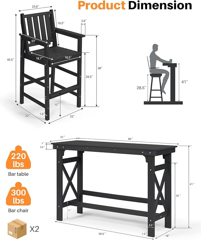 3 Pieces HDPE Outdoor Bar Table and Chairs Set, Tall Adirondack Chairs Set of 2 with Rectangular Bar Table, Patio Bar Stools Set, HDPE Outdoor Patio Bar Set for Balcony, Porch, Deck, Obsidian