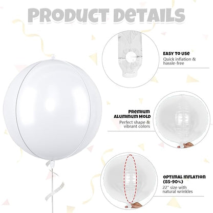 Giant 4D Foil Balloons, 6Pcs Large Metallic White Round Balloons, 22 Inch Big Round Foil Balloon for White Birthday Party Baby Shower Wedding Decorations