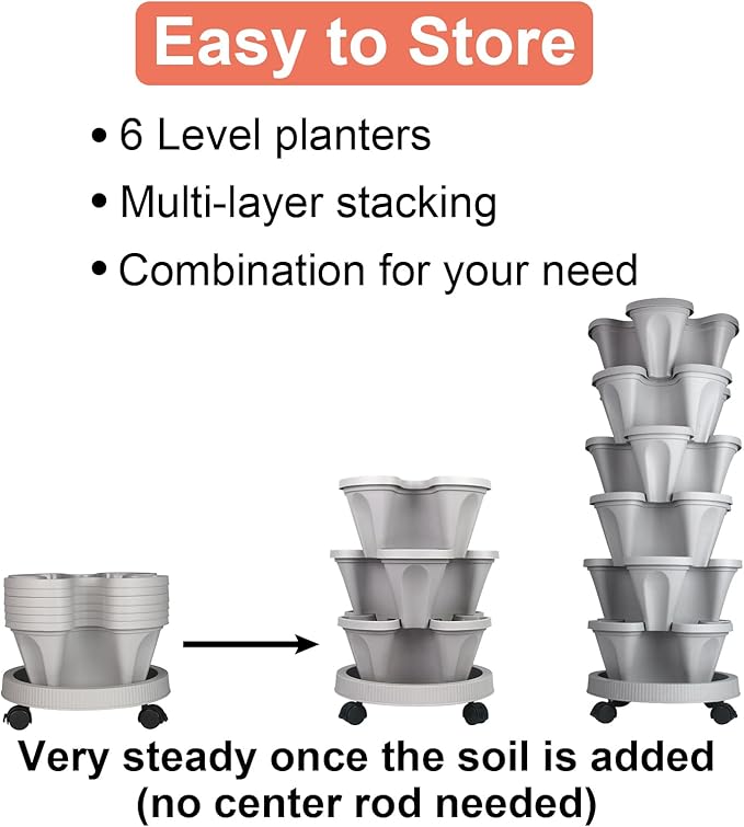 Vertical Planter 6 Tier Stackable Planters Garden Planters Strawberry Herb Flower and Vegetable Planter Indoor Outdoor Gardening Pots with Removable Wheels and Tools