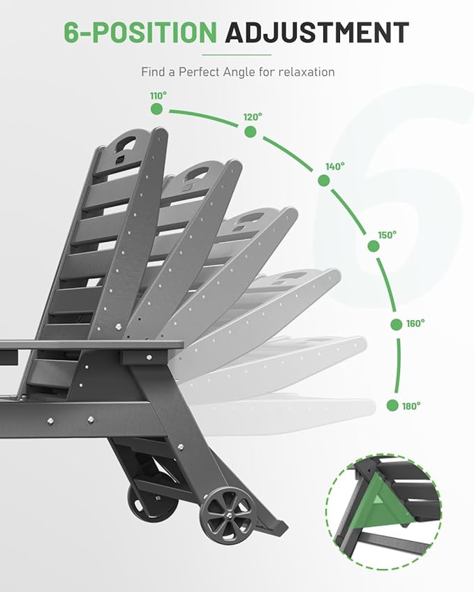 Lounge Chair Outdoor, Chaise Lounge Chair Outdoor, HDPE 6-Position Lounge Chair for Outside, Patio Lounge Chair with Wheels & Cup Holder for Pool Poolside Deck Backyard, Grey