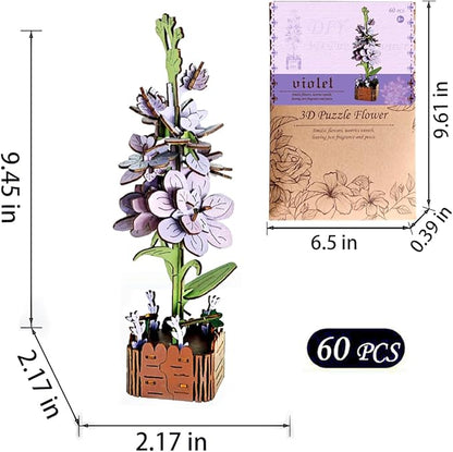3D Wooden Puzzles for Kids DIY Wooden Flower Building Block Set Craft for Children Adults to Build Valentine's Day/Mother's Day/Teacher's Day/Birthday Gifts (Violet)