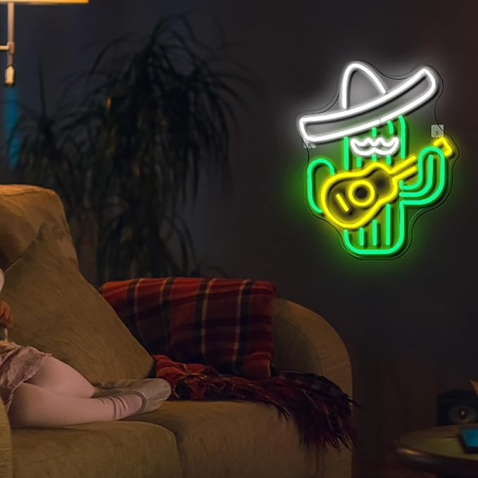 WLHOPE Cactus Neon Sign Cowboy Hat Neon Signs Green Led Neon Signs for Wall Decor, Guitar Cactus Neon Led Signs USB Anime Neon Light for Bedroom Game Room Kids Room Home Bar Party Shop Gift