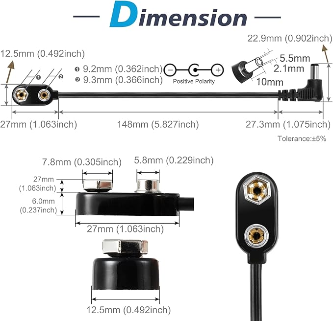 CHANZON UL Wires 9v Battery Power Supply Clip with 2.1mm x 5.5mm Right Angle Male DC Connector Plug Adapter I-Type Plastic Holder 5pcs kit for Arduino LED Strip