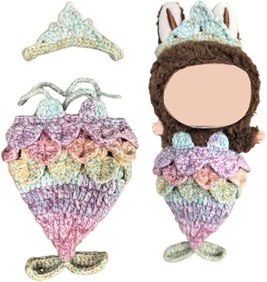 Clothes for Labubu Doll,Clothes for Doll Accessories,Hand-woven Bikini Mermaid Crochet Skirt Set,Summer Mermaid Costume Outfit Suitable for Labubu15&17cm,Dress-Up Accessories for Labubu Doll (color02)