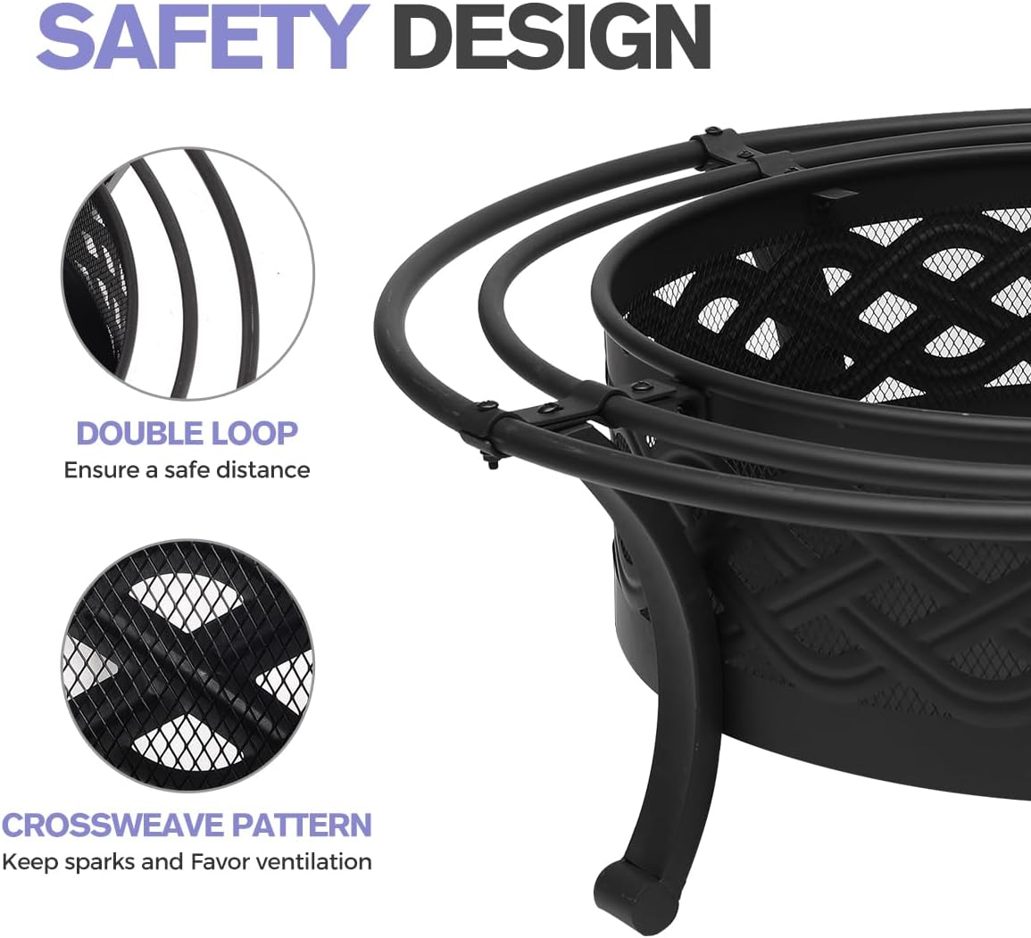 42 Inch Outdoor Fire Pit with 2 Loops,Crossweave Wood Burning Fire Pits for Outside,with Spark Screen,Fire Poker,Round Metal Firepit for Patio,Backyard,Beach,Camping,Bonfire(42''Black)