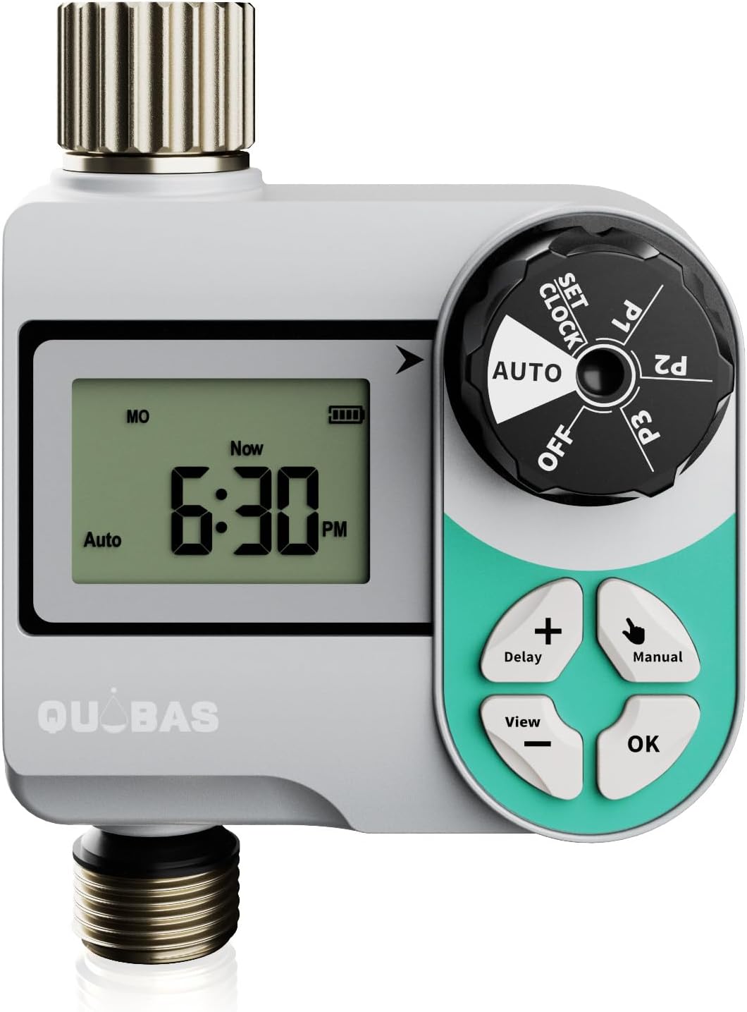 QUOBAS Weekly Plan Sprinkler Timer with Metal Inlet & Outlet, Water Timer for Garden Hose with Rain Delay/Manual Watering/Automatic Watering Controller System for Watering Lawn, Yard, Garden