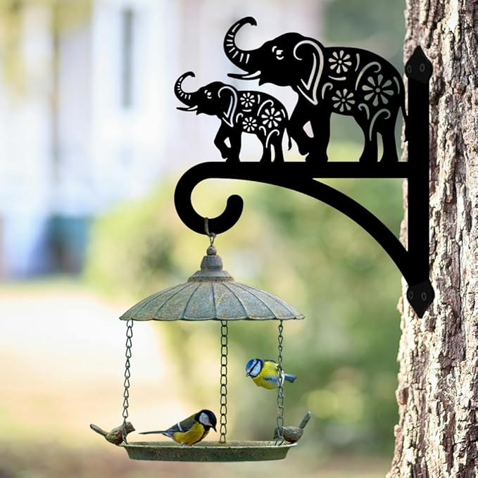 peacoblue Iron Plant Hangers Holder for Outdoor Indoor Hanging Plants Flower Fern Pots Lantern Bird Feeder Wind Chimes, 12”x14” Weather Resistant Metal Wall Hooks for Porch Garden Farmhouse(Elephant)