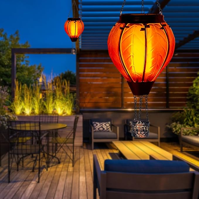 Starsoul Orange Solar Hot Air Balloon Lantern Glass Hot Air Balloon Solar Lantern with Flickering Flame Light Outdoor Solar Hanging Lights Waterproof for Garden Yard Patio
