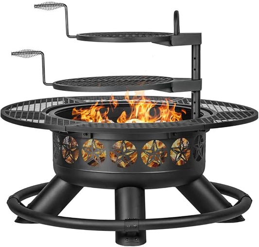 47 Inch Outdoor Fire Pit with 2 Grills, Extra Large BBQ Firepits for Outside, Metal Round Fire pits with Lid&Fire Poker,3 in 1 Wood Burning Outdoor Fireplaces for Backyard,Patio,Bonfire