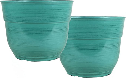 Garden Elements Indoor/Outdoor Glazed Brushed Happy Plastic Planter, Large, Dark Aqua, 15" (Pack of 2)