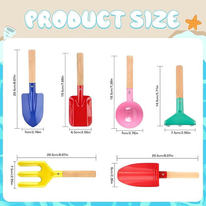 Beach Toys, 6 Pcs Children Beach Sand Toys, 8'' Kids Gardening Set Metal Garden Tools with Sturdy Wooden Handle,Safe Kids Shovel with Cylinder, Spoon, Fork, Rake, Flat Shovel & Pointed Shovel