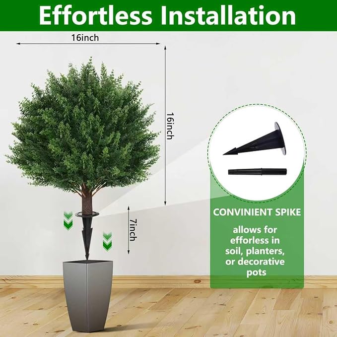 Artificial Set of 2 Cedar Topiary Ball Trees 16" for Outdoors with Ground Spike, UV Resistant Faux Cypress Plants, Evergreen Shrubs Bushes for Front Porch Garden Backyard Decor