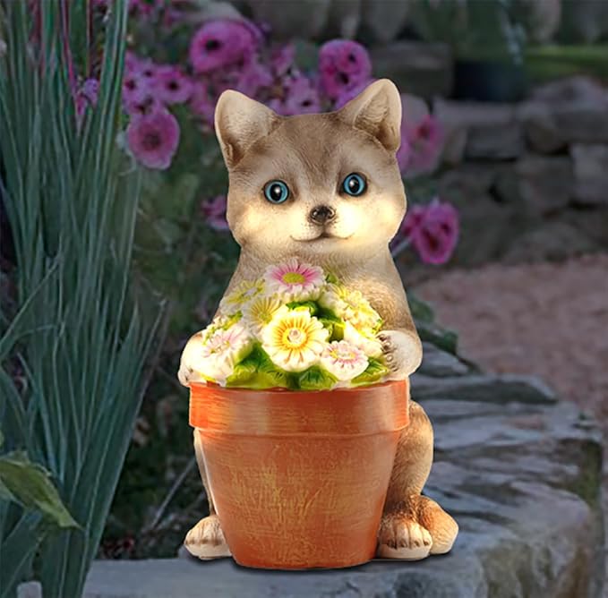 Muldale Cat Solar Light - Cat Garden Statue Outdoor - Solar Powered Cat Garden Decor for Outside - Hand Painted Floral Plant Pot Light Up Cat
