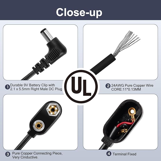 CHANZON UL Wires 9v Battery Power Supply Clip with 2.1mm x 5.5mm Right Angle Male DC Connector Plug Adapter I-Type Plastic Holder 5pcs kit for Arduino LED Strip