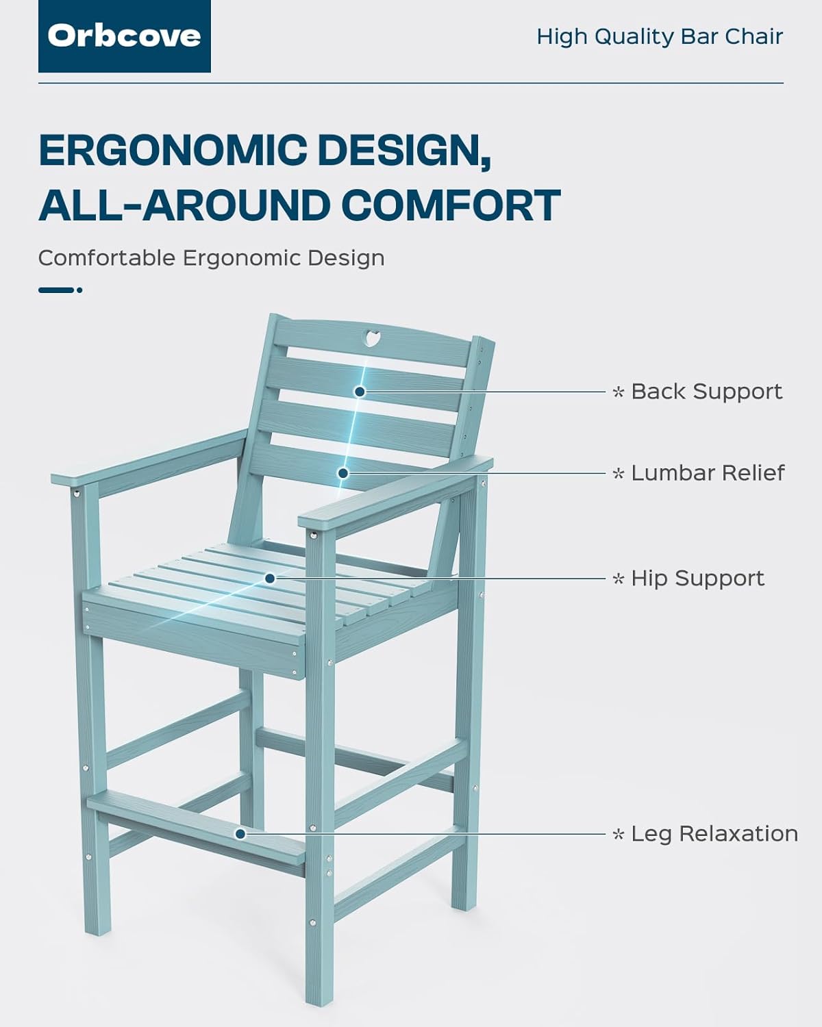 Tall Adirondack Chairs Set of 2, HDPE Wood Balcony Adirondack Chairs Set with Heart Cutout Design, Weather-Resistant Bar Height Furniture for Deck, Porch, Pool (Light Blue)