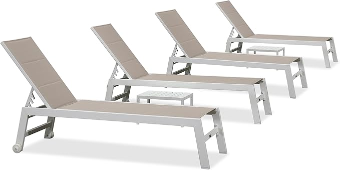 PURPLE LEAF Outdoor Chaise Lounge Adjustable Sunbathing Recliner with Side Table Khaki 2 Sets