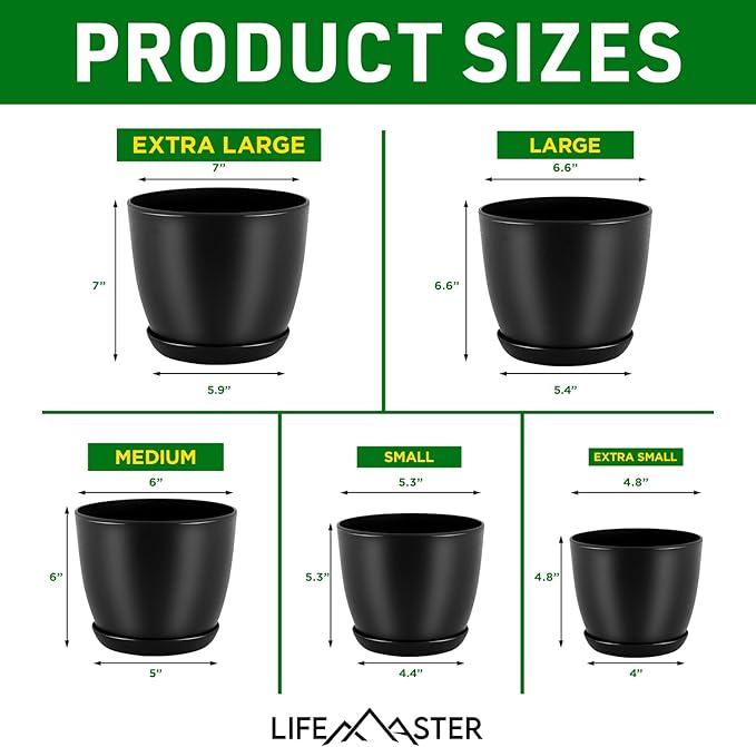 Plant Pots with Multi Drainage Holes - 5 Pieces Versatile, Sturdy Plastic, Stackable Design Home Decor Flower Pots for Indoor and Outdoor Gardening - Black