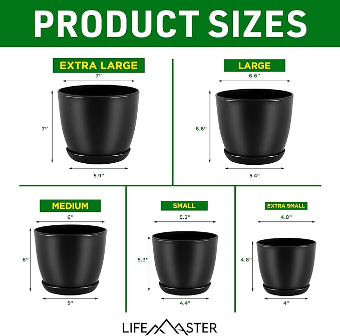 Plant Pots with Multi Drainage Holes - 10 Pieces Versatile, Sturdy Plastic, Stackable Design Home Decor Flower Pots for Indoor and Outdoor Gardening - Black