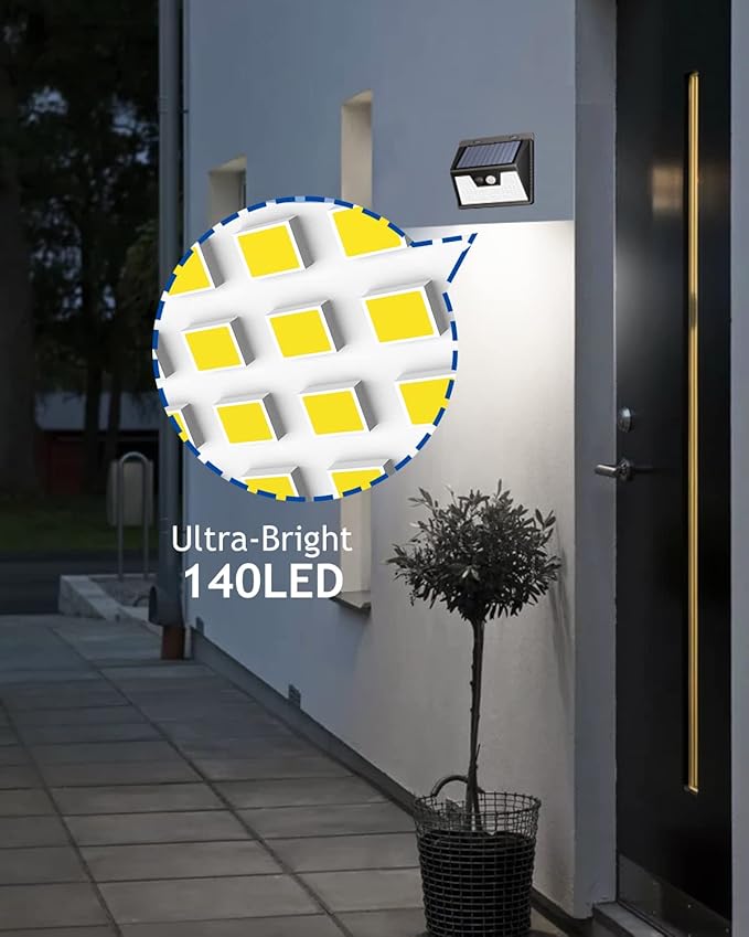 Peasur Solar Powered Lights Outdoor, 140LED 16Pack Motion Sensor Light Outside, IP65 Waterproof Fence Security Lighting with 3 Modes for Yard Wall Garden Cool White