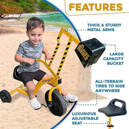 stargo Kids Excavator Sand Digger Tricycle with Pedals, Handlebar, Scooper and Rotating Wheel, Ride On Excavator Construction Toy Trike for Toddler Boy