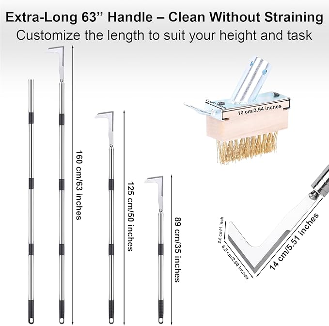Long Handle Crack Weeder Tool Set with Adjustable 63 inch Handle, 2-in-1 Stainless Steel Crevice Weeding Tool & Brush for Weed and Moss Removal from Patios, Driveways, Sidewalk Cracks