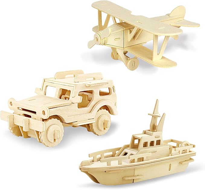 Georgie Porgy 3D Wooden Puzzles for Kids Toys Construction Woodcraft Kits DIY Model Puzzle Kits Birthday Gifts Pack of 3 (Biplane Off-Road Vehicle Yacht)