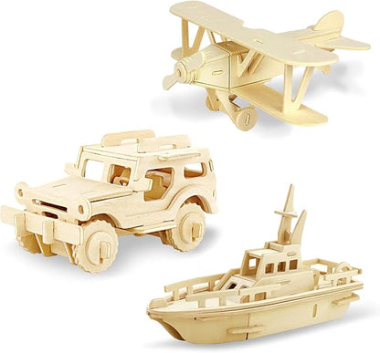 Georgie Porgy 3D Wooden Puzzles for Kids Toys Construction Woodcraft Kits DIY Model Puzzle Kits Birthday Gifts Pack of 3 (Biplane Off-Road Vehicle Yacht)