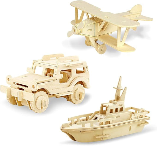 Georgie Porgy 3D Wooden Puzzles for Kids Toys Construction Woodcraft Kits DIY Model Puzzle Kits Birthday Gifts Pack of 3 (Biplane Off-Road Vehicle Yacht)