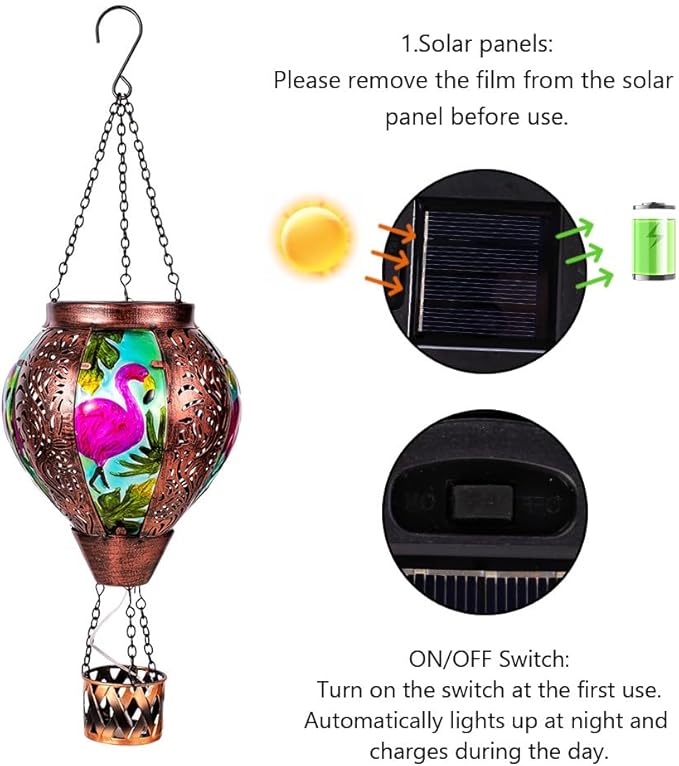 Flamingo Hot Air Balloon Solar Lanterns Outdoor Waterproof,Metal Garden Decor Solar Hot Air Balloon Lantern with Flame Flickering Lights for Patio,Porch,Yard Decor Mother Day Gifts for Women
