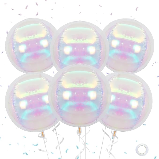 Giant 4D Foil Balloons, 6Pcs Large Metallic Iridescent Round Balloons, 22 Inch Big Round Foil Balloon for Mermaid Birthday Party Baby Shower Wedding Decorations