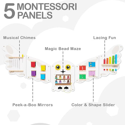 Monläurd® Montessori Owl Busy Board - Sensory Wall Panel for Toddlers, Wooden Activity Board for Kids 6M+, Montessori Educational Toys for Baby Learning, Playroom & Daycare Furniture