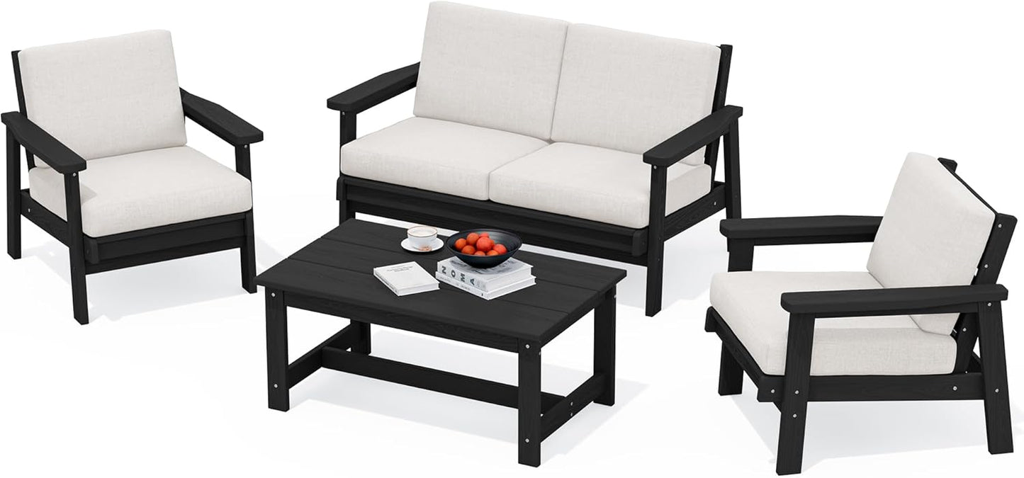 SERWALL HDPE Outdoor Furniture Set, 4 Piece Outdoor Sofa Set, Black Frame with Khaki Cushions