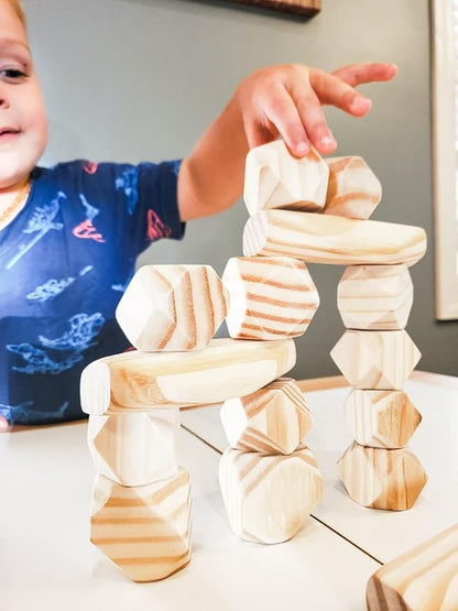 Panda Brothers Wooden Balancing Stones - Montessori Toys for 3 4 5 Year Old Kids and Toddlers Learning Sensory Toy, 20 Large Size Wooden Building Blocks Set of Stacking Stones for Kids Pine Wood Rocks