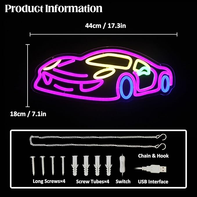 Car Neon Sign for Wall Decor Sports Car Neon Light Racing Car Neon Sign Colorful Car LED Neon Lights Signs Race Car Neon Light Up Sign for Bedroom Game Room Man Cave Garage Boy Gifts