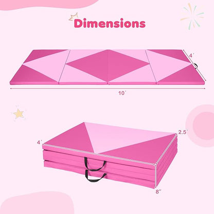 Giantex 4'x10'x 2" Gymnastics Mat, 4-Panel Folding Aerobics Exercise Mat w/Hook & Loop Fastener, Carrying Handle, Portable Tumbling Mat for Stretching Yoga Cheerleading Martial Arts