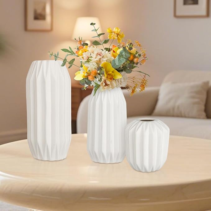 Ceramic Vase Set of 3, White Vase for Modern Home Decor, Decorative Vases for Bouquet Pampas Grass Dried Flowers, Living Room, Bedroom, Bathroom, Shelf Centerpiece Table Decorations