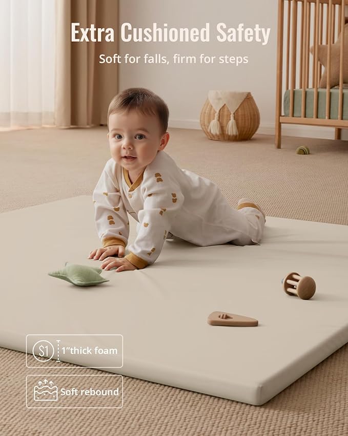 Blissful Diary Vegan Leather Baby Play Mat, 50x50 Thick Foam Cushioned & Waterproof Playpen Mat for Infants and Toddlers, Stylish and Just Wipe-Clean Playmat for Baby Play on Floor, Beige