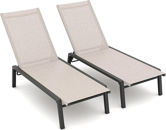Patio Chaise Lounge Set of 2 with 4 Adjustable Backrest, Foldable Aluminum Chaise Lounge Chair Recliner for Outdoor, Poolside, Sun Tanning Beige