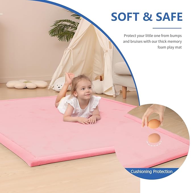 Baby Play Mat for Floor,1.3" Thick Elasti-Foam 74×50 Playpen Mat for Toddlers Infant kids,Water-Repellent Soft Coral Velvet for Tummy Time, Non-Slip Backing for Crawling,Tatami Style(Pink)