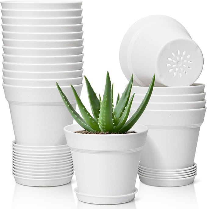 T4U 5 Inch Plastic Planters 18-Pack - Small Plant Pot with Drainage Hole and Saucer, Decorative Nursery Flower Pot Bulk for African Violet, Snake Plant, Aloe and All House Plants Indoor (White)