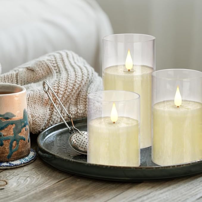 Flameless Flickering Remote Control Candle, Glass Pillar Candle,3 Pack (D:3"×H:4" 5" 6") LED 3D Flame Romantic Candle,Battery Operated Real Wax, Ideal for Wedding, Home Decor Holiday (Ivory)