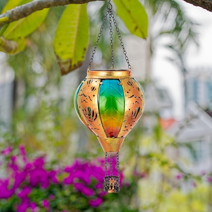 Hanging Solar Hot Air Balloon Lantern with Flame Outdoor Waterproof, Solar Outdoor Lanterns Light Garden Patio Decor Indoor, Balloon Lanterns Mother's Day Gifts for Women Grandma Mom