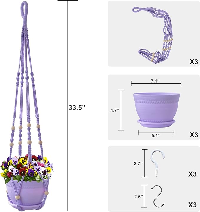 Macrame Plant Hanger with Pot, 3 Set Hanging Planters for Indoor Plants, Handmade Cotton Rope Boho Home Decor, Idea Gift for Anyone, Includes Plant Holders, Pots, Plates and Hooks (Purple)