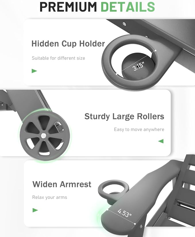 Lounge Chair Outdoor Set of 2, HDPE Chaise Lounge Outdoor with 6-Position & Wheels &Cup Holder, Pool Lounge Chair for Pool Poolside Deck Backyard Patio, Grey