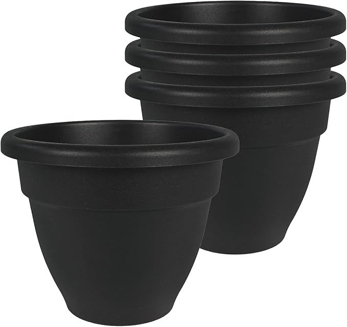 The HC Companies Caribbean Planter Pot - Outdoor & Indoor Plant Pot with Drainage Hole & Plug - Rolled Rim Plastic Pots for Plants & Flowers - Decorative Plant Pot (6” Black, Pack of 4)
