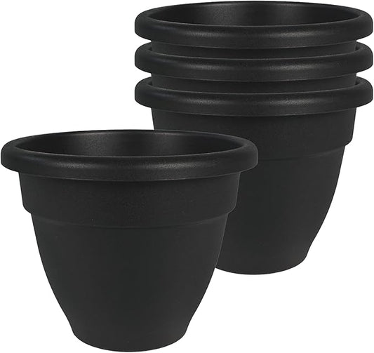 The HC Companies Caribbean Planter Pot - Outdoor & Indoor Plant Pot with Drainage Hole & Plug - Rolled Rim Plastic Pots for Plants & Flowers - Decorative Plant Pot (6” Black, Pack of 4)