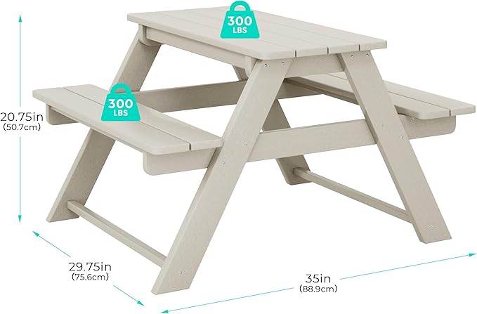 Costaelm Kids Picnic Table, HDPE All Weather Outdoor Toddler Picnic Table and Chair Set Kids Bench for Patio, Backyard, Garden, Lawn, Sand