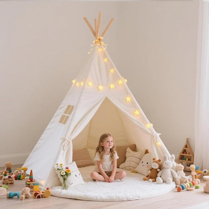 6 Pack Teepee Tent for Kids,Collapsible Kids Teepee Tent with 10 Ft String Lights,White Kid Teepee Boys Girls Indoor Outdoor Slumber Party Sleepover Party
