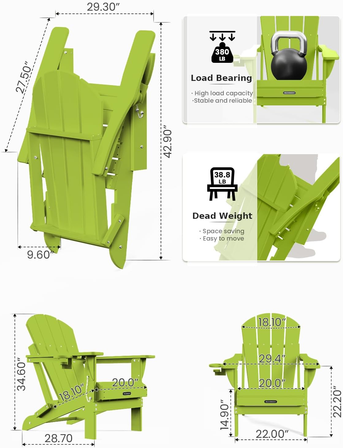 MUCHENGHY Folding Adirondack Chairs Set of 4, Patio Chairs, Lawn Chairs, Outdoor Chair, Adirondack Chair Plastic, Fire Pit, Weather Resistant with Cup Holder for Deck, Backyard, Garden(Lemon Green)