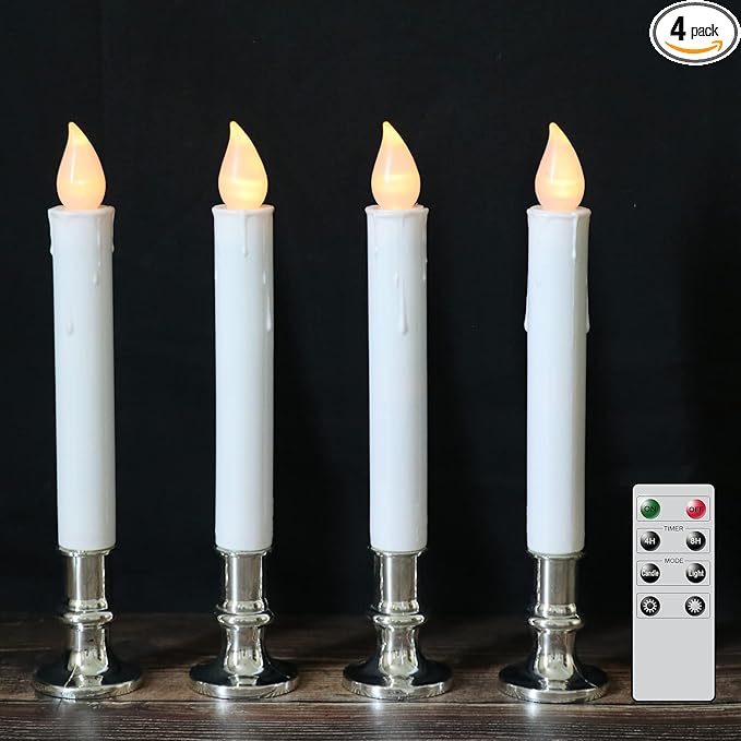 DRomance 9" Flameless Window Taper Candles Battery Operated with 8-Key Remote and Timer, 4 Pack White Christmas Holdiay Window Candles with Silver Holders, Suction Cups and AA Batteries Included